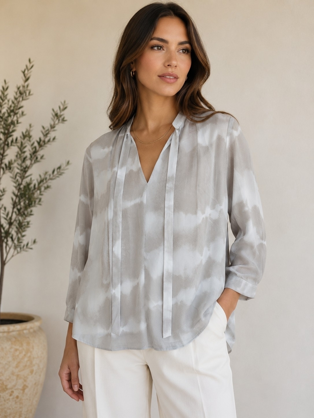 Gentle Fawn Tie-Neck Blouse with Subtle Watercolor Pattern